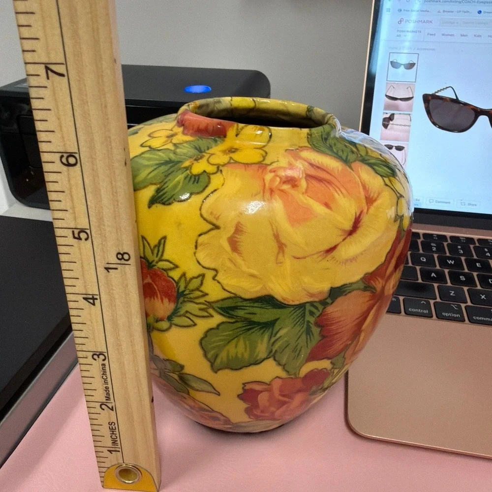 Vintage Mid Century Decoupage Art Pottery‎ Vase Raised Floral Yellow Decor